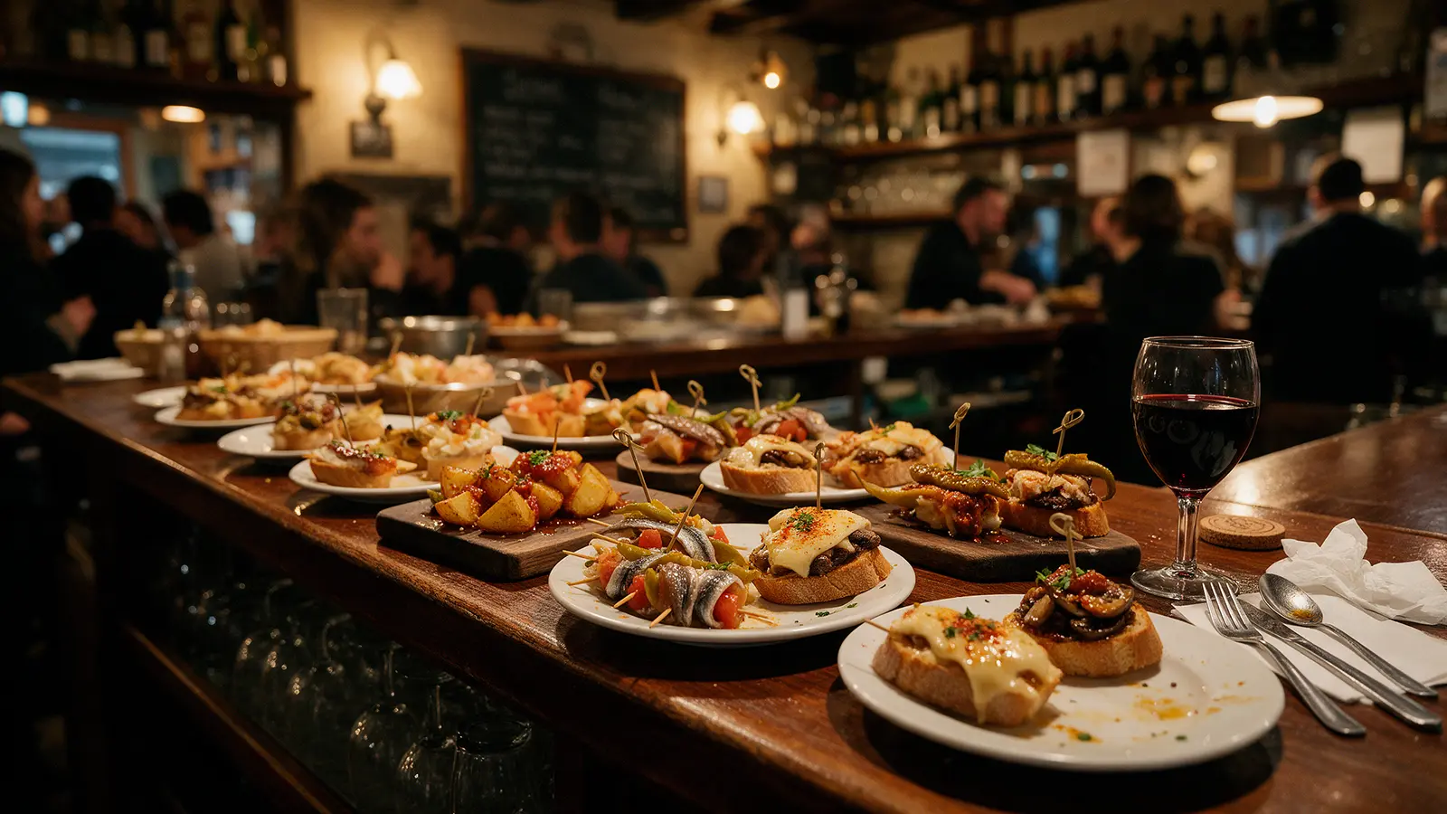 The counter of a pintxos bar in a Basque old town