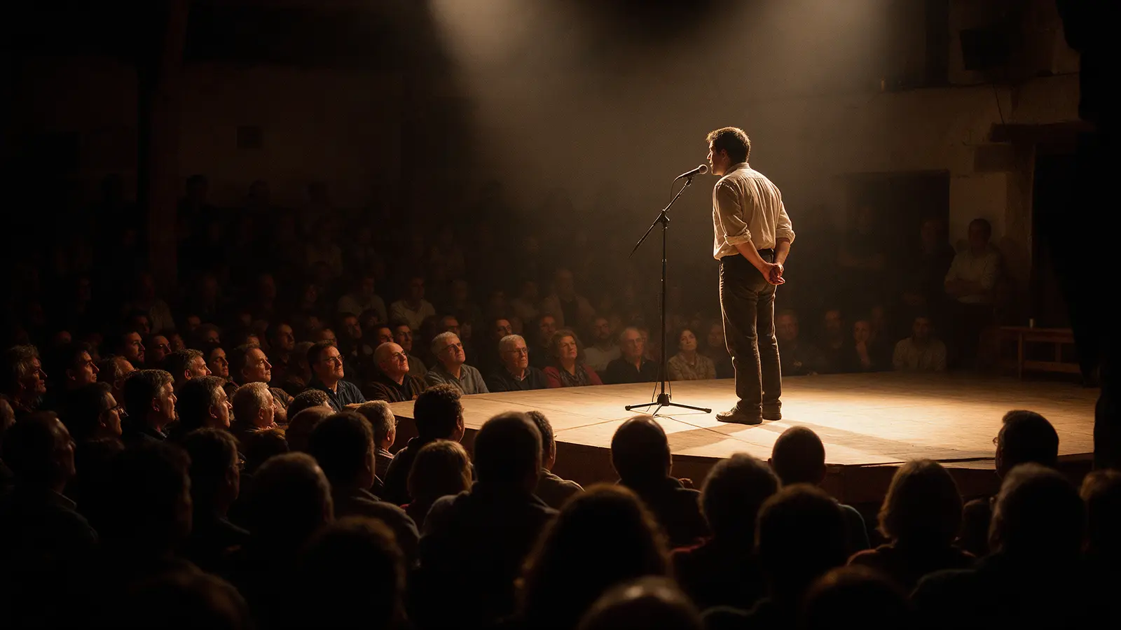 Scène de bertsolarisme : un improvisateur chante seul face au public