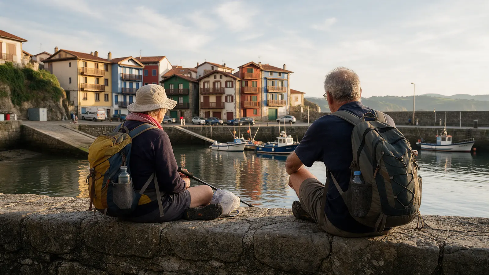 Pèlerins faisant une pause sur le quai d'un port de pêche basque