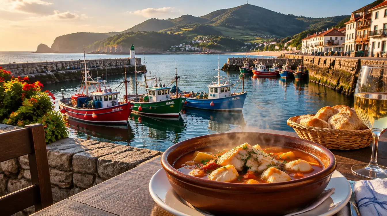 Ttoro served on a terrace overlooking a small Basque fishing harbour