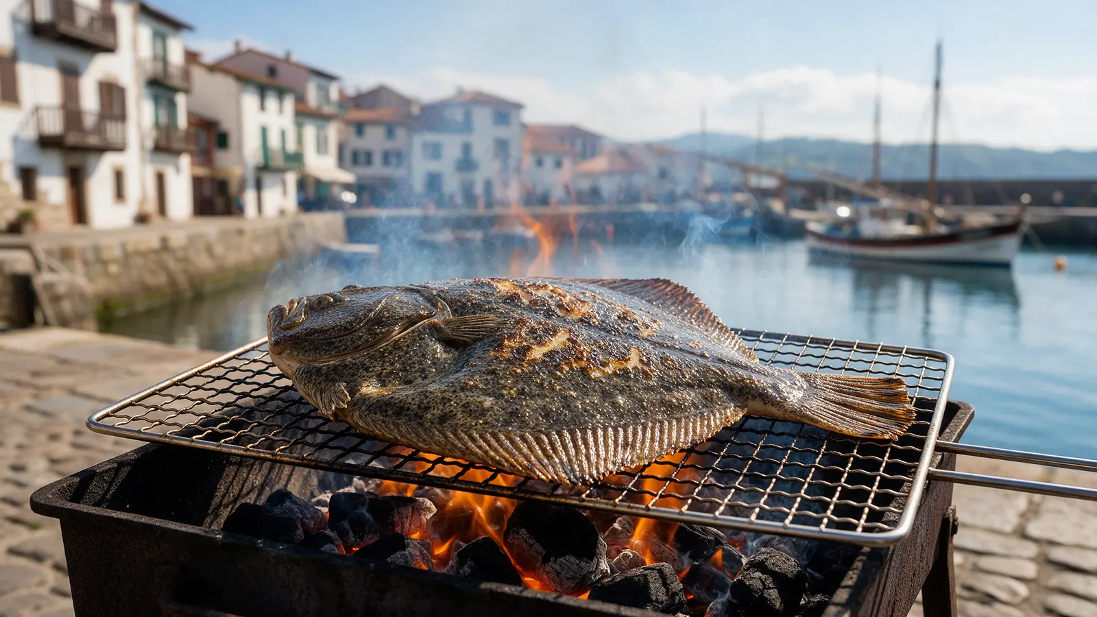 A whole turbot grilled over embers